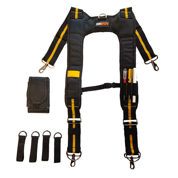 Melo Tough Padded Suspenders |Tool Belt Suspenders with Movable Phone Holder Tape Holder Pencil Holder Adjustable Straps, Suspenders Loop Heavy Duty