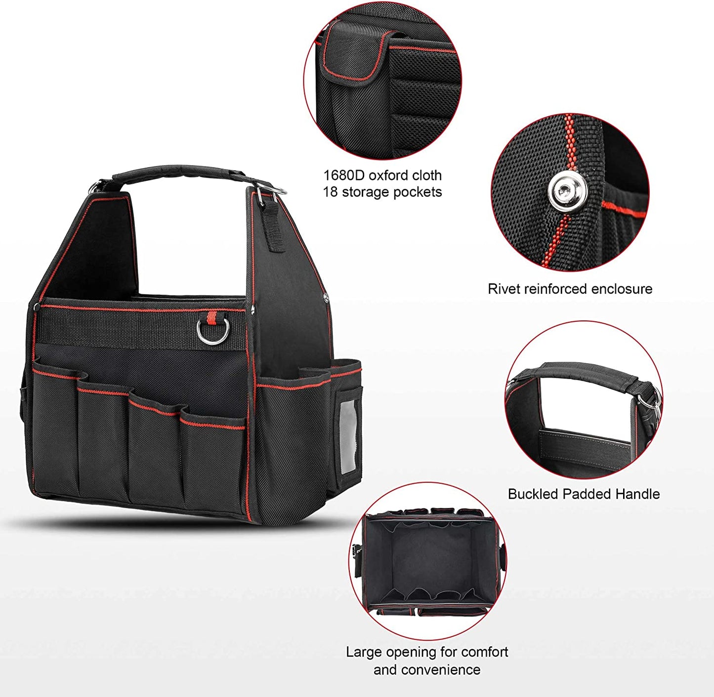 18-Pocket Electrical and Maintenance Tool Carrier, Open Top Foldable Smart Design Tools Bag