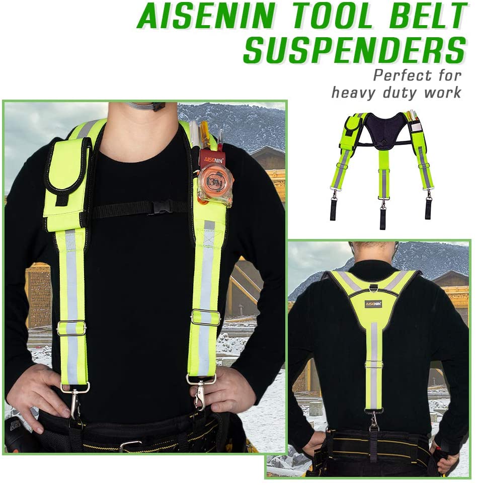 AISENIN Construction Tool Belt Suspenders, 3 Point Padded Suspenders for Tool Belt, Tool Belt Suspenders Reflector (Y Style)