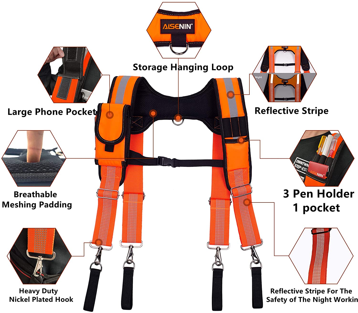 AISENIN Padded Tool Belt Suspenders Carpenters Suspenders Tool Belt Heavy-duty Reflective Safety Suspenders