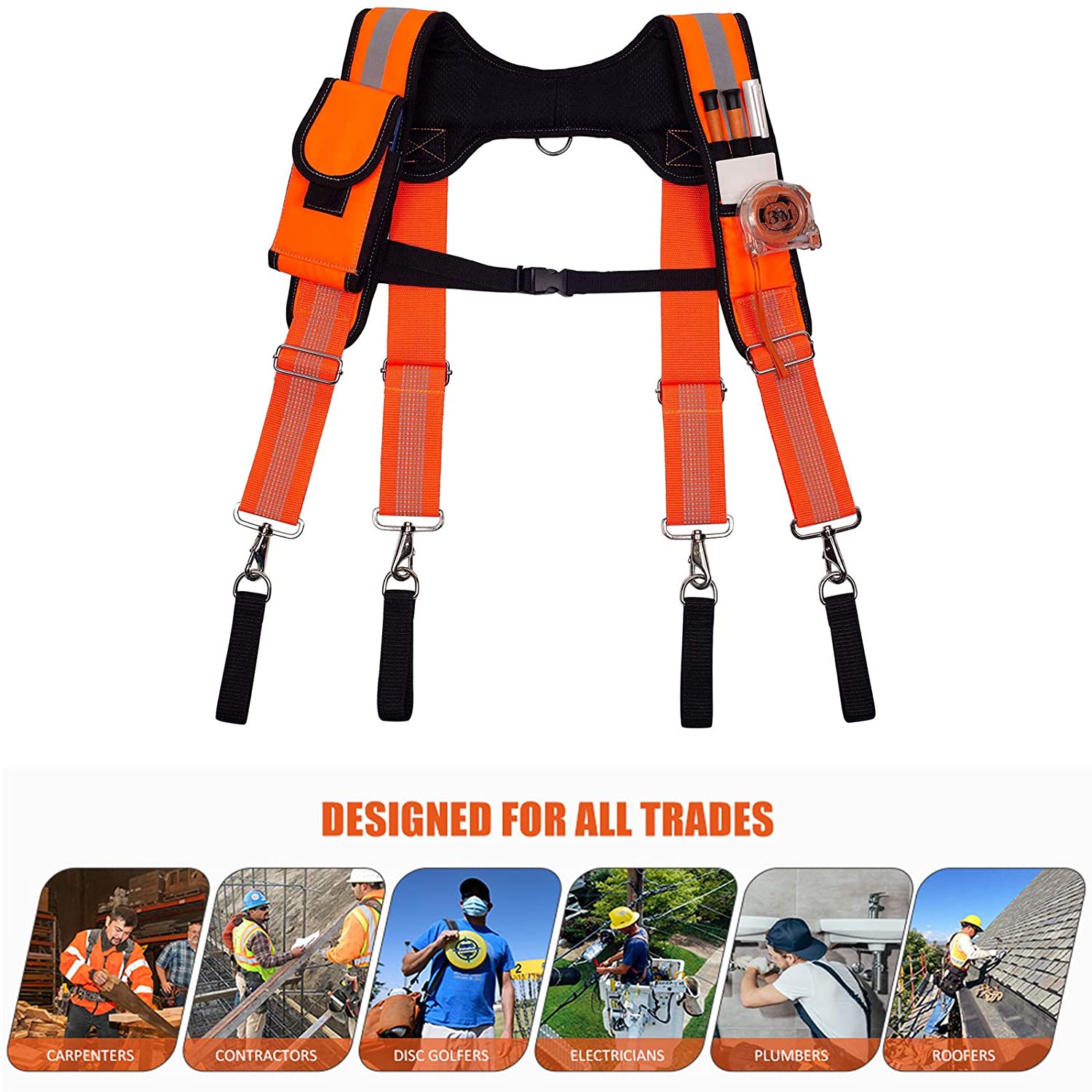 AISENIN Padded Tool Belt Suspenders Carpenters Suspenders Tool Belt Heavy-duty Reflective Safety Suspenders